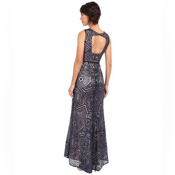 Vince Camuto Gatsby Navy Geometric Sequin Keyhole Back Gown with Fringe Sash - Picture 2 of 10